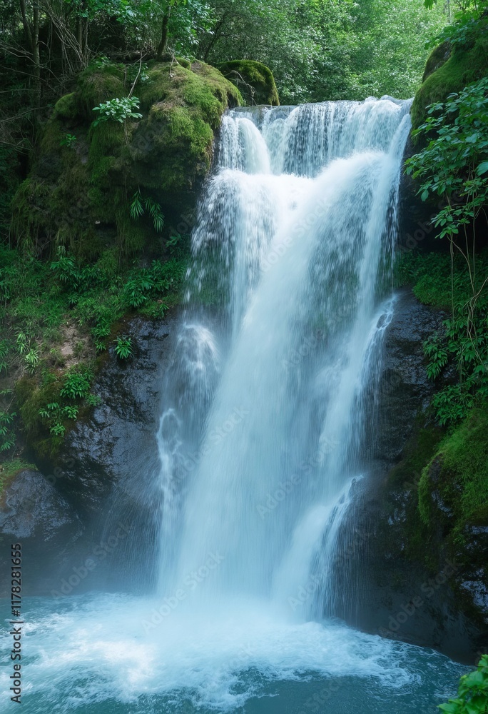 Obraz premium Cascading waterfall over mossy rocks with surrounding green foliage
