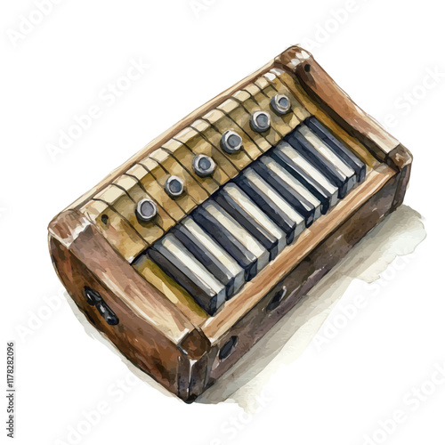 A watercolor of a harmonica holder, isolated on a white background. Harmonica holder vector.
