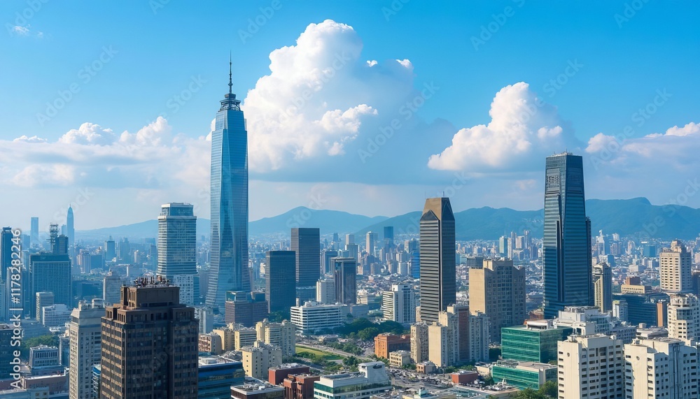 Fototapeta premium Cityscape view with skyscrapers and puffy clouds