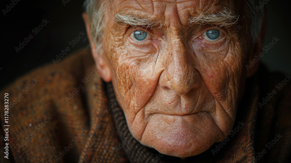 A close-up portrait of an elderly man with piercing blue eyes and deep wrinkles, reflecting a lifetime of experience and wisdom A close-up portrait of an elderly man with piercing blue eyes and deep wrinkles, reflecting a lifetime of experience and wisdom