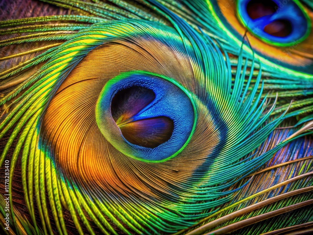 Obraz premium Aerial Peacock Feather Design, Intricate Swirls, Colorful Patterns, High-Resolution Photo