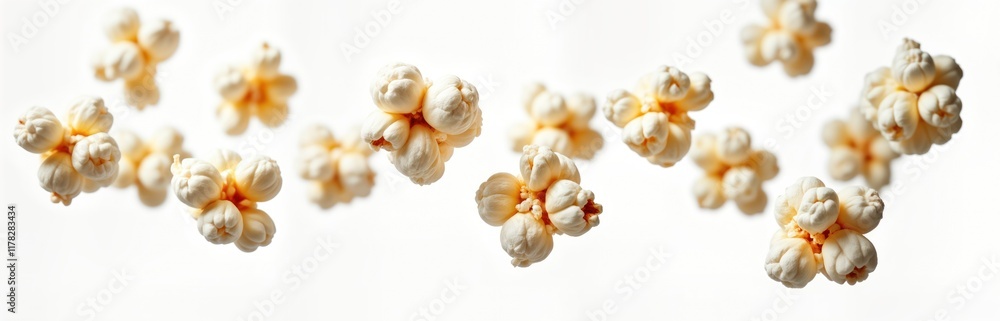 Close-up shot of popcorn kernels in mid-air. Popcorn pieces levitate against plain white background. Kernels light cream color with visible golden-yellow interiors. Isolated image evokes feeling of Close-up shot of popcorn kernels in mid-air. Popcorn pieces levitate against plain white background. Kernels light cream color with visible golden-yellow interiors. Isolated image evokes feeling of