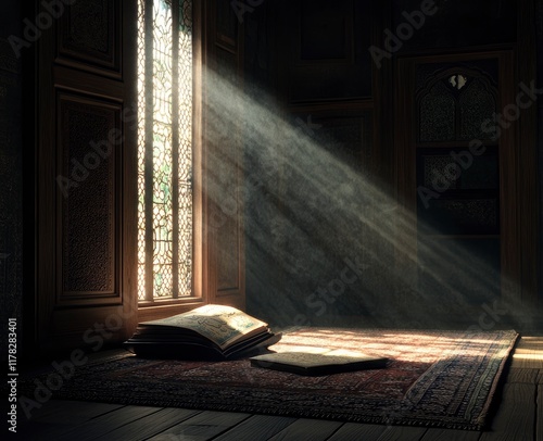 Wallpaper Mural Mosque room with an open window, Quran on the ground and prayer rug, black background, light coming from the left side of the photo, dark shadows, ray tracing, photography, professional color grading, Torontodigital.ca