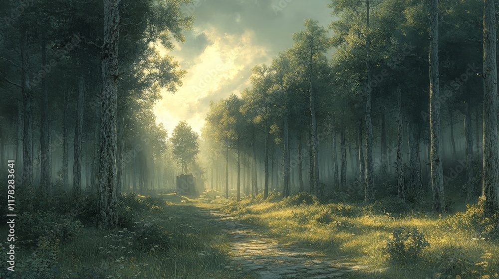 Obraz premium Sunlit Path Through an Enchanting, Misty Forest
