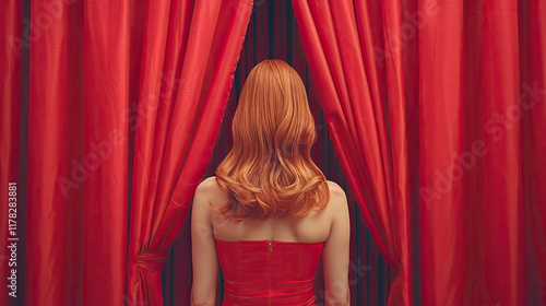 Redhead woman backstage peeking through red curtains, anticipation, performance
