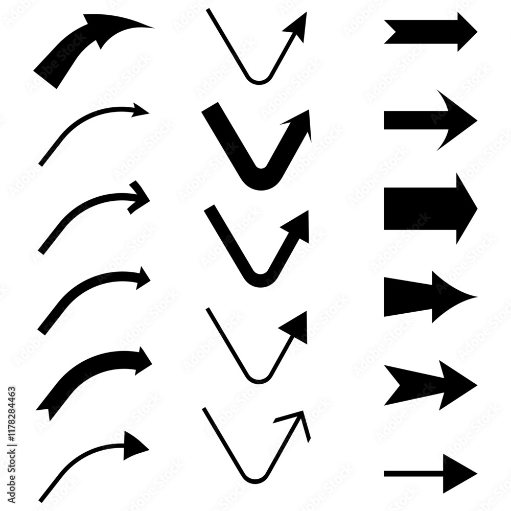 Arrow variations set. Curved and straight forms. Geometric path styles. Minimal vector graphic. Arrow variations set. Curved and straight forms. Geometric path styles. Minimal vector graphic.