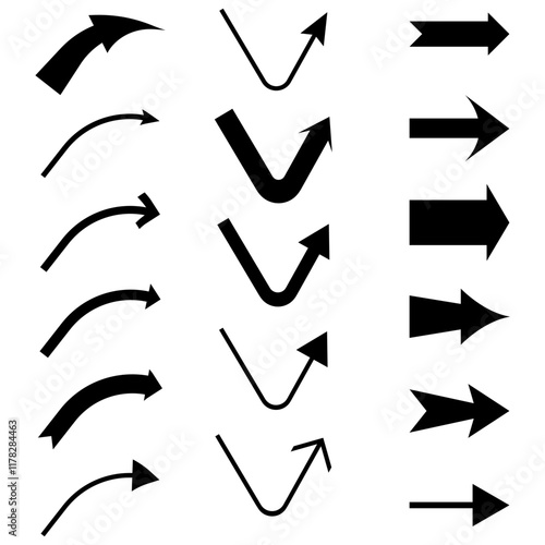 Arrow variations set. Curved and straight forms. Geometric path styles. Minimal vector graphic.