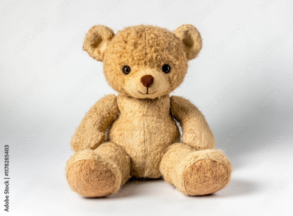 Obraz premium Photo of a cute teddy bear sitting on a white background, facing the camera. 