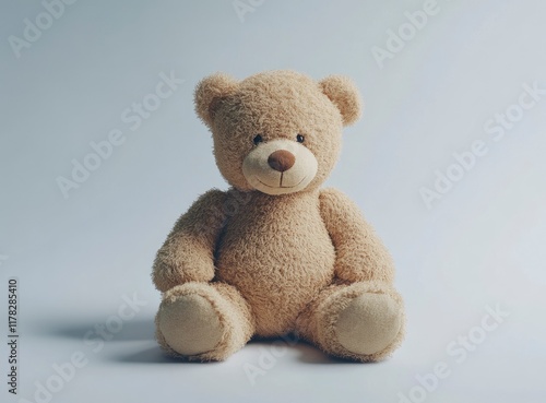 Photo of a cute teddy bear sitting on a white background, facing the camera. 