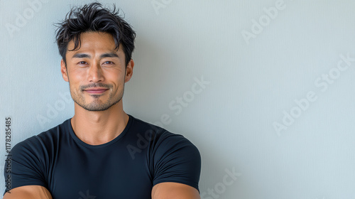 Wallpaper Mural Confident Asian man smiling in black shirt against light background Torontodigital.ca