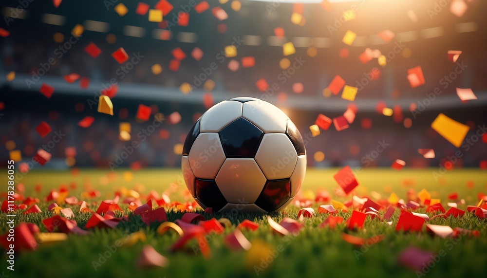 Fototapeta premium Football victory celebration in stadium. Confetti falls over soccer ball on pitch. Celebrating team players. EM European Championship 2024. Patriotic colors. Germany as winner. Exciting match moment.