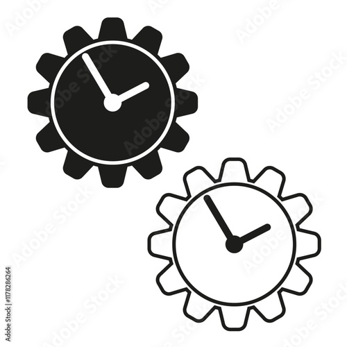 Clock gear icon. Watch face shapes. Mechanical black wheels. Industrial vector style.