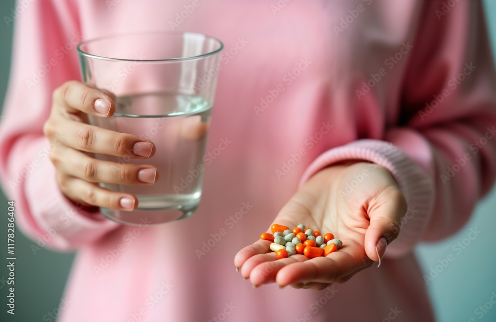 Young Asian woman takes medication at home. Holds pills, glass of water. Likely treating health issue like headache stomach pain. Photo ideal for health care websites pharmaceutical companies. Photo Young Asian woman takes medication at home. Holds pills, glass of water. Likely treating health issue like headache stomach pain. Photo ideal for health care websites pharmaceutical companies. Photo