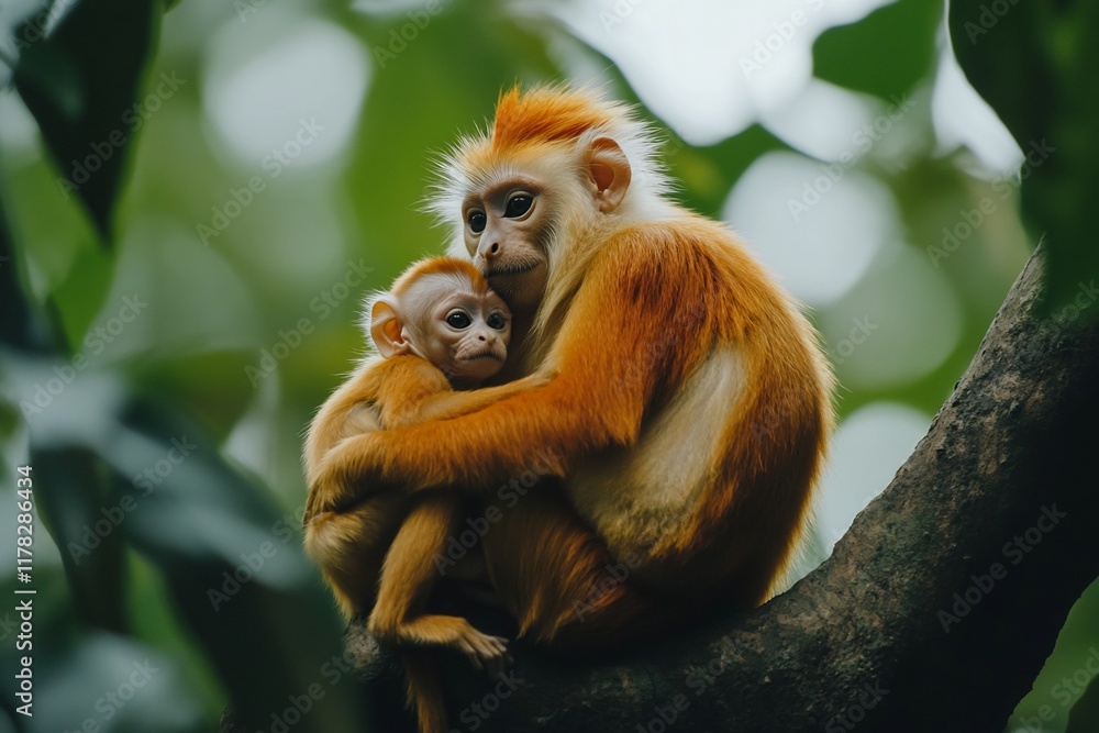 A mother golden snub-nosed monkey tenderly cradles her infant in a lush green forest. A mother golden snub-nosed monkey tenderly cradles her infant in a lush green forest.