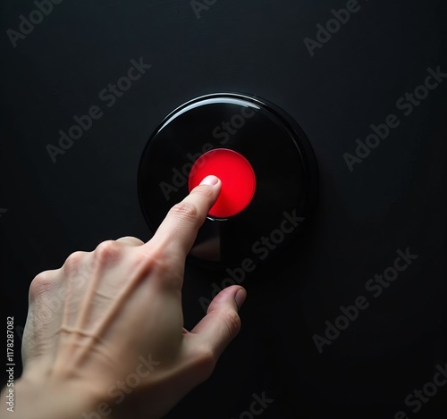 Hand pressing red button on black panel photo