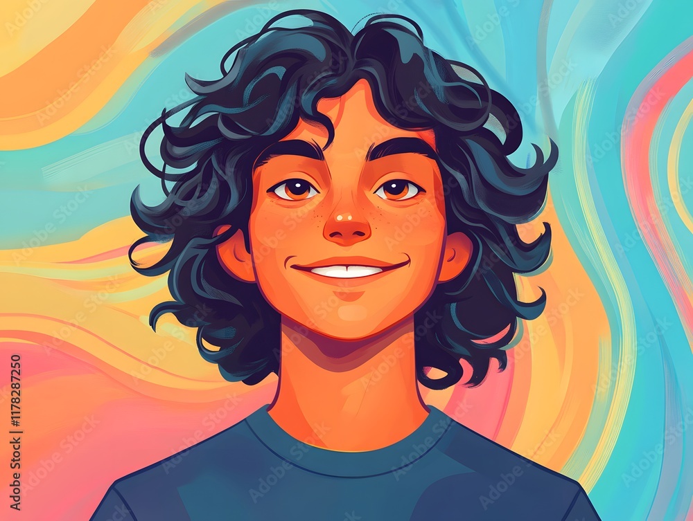 Joyful Youth Portrait: Vibrant Swirls and Warm Smile Joyful Youth Portrait: Vibrant Swirls and Warm Smile