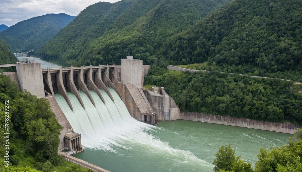 Majestic Dam Releases Water in Lush Mountain Valley Majestic Dam Releases Water in Lush Mountain Valley