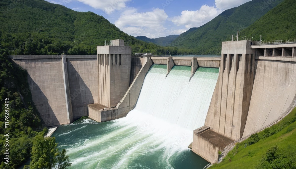 Majestic Dam Releases Water in Lush Mountain Valley Majestic Dam Releases Water in Lush Mountain Valley