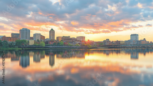 Panorama of Wilmington, Delaware at sunset, modern buildings and skyscrapers, the waterfront in the foreground