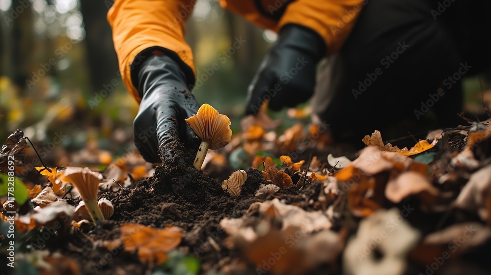 Autumnal mushrooms growing in soil, isolated on a white background. The delicate fungi with earthy tones bring a seasonal, natural vibe, perfect for autumn-themed projects, botanical designs,