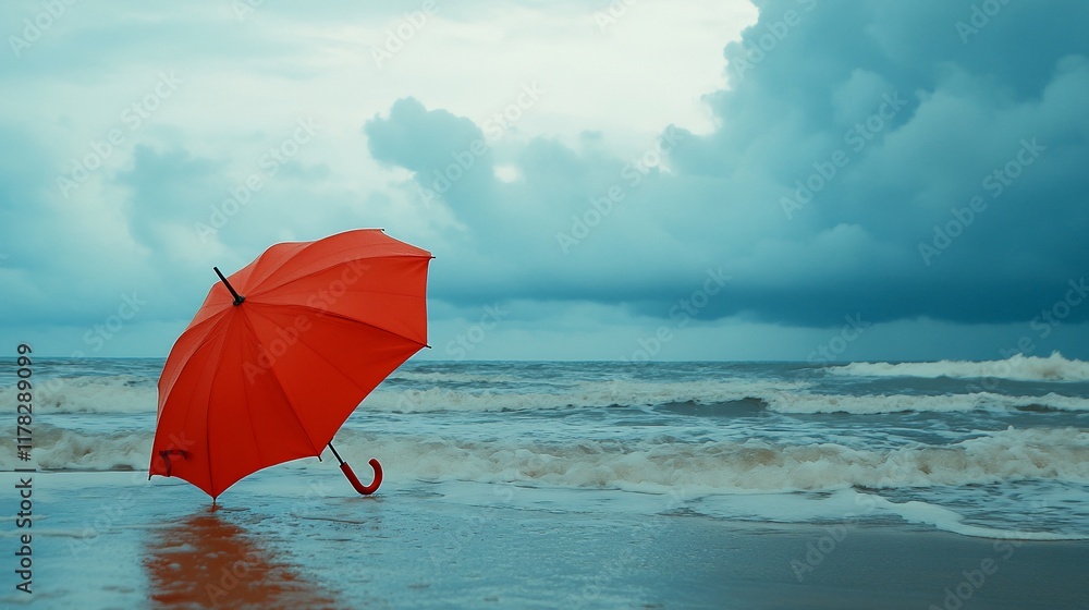 Red umbrella on a stormy beach. Red umbrella on a stormy beach.