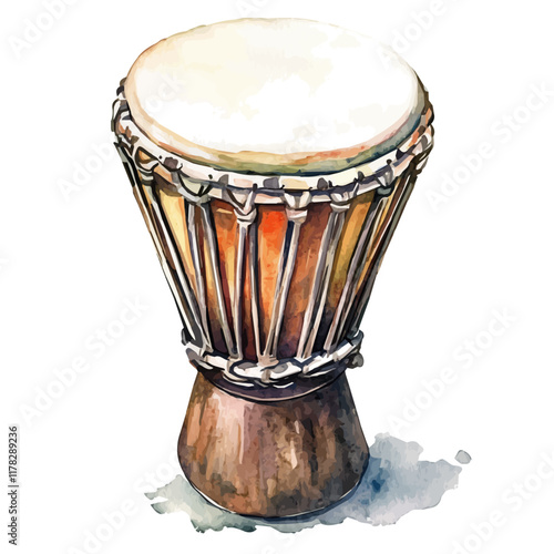 A watercolor vector of a hand drum, isolated on a white background. Hand drum vector.
