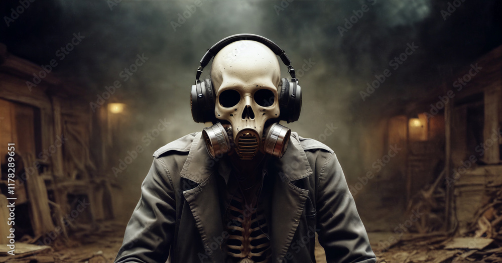 Mysterious figure in a gas mask with headphones seated in a dimly lit abandoned room Mysterious figure in a gas mask with headphones seated in a dimly lit abandoned room