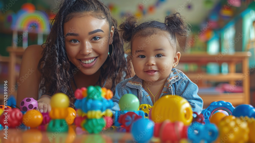 A joyful scene of a mother and her baby engaging with vibrant toys in a colorful daycare environment, conveying love and playful interaction. A joyful scene of a mother and her baby engaging with vibrant toys in a colorful daycare environment, conveying love and playful interaction.