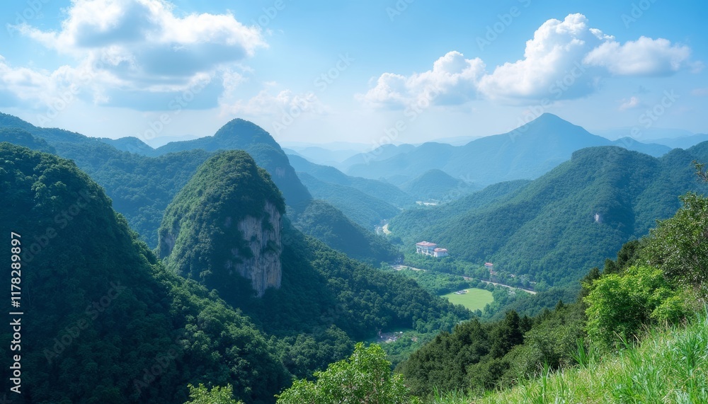 Fototapeta premium Mountainous landscape with building and green field below blue sky