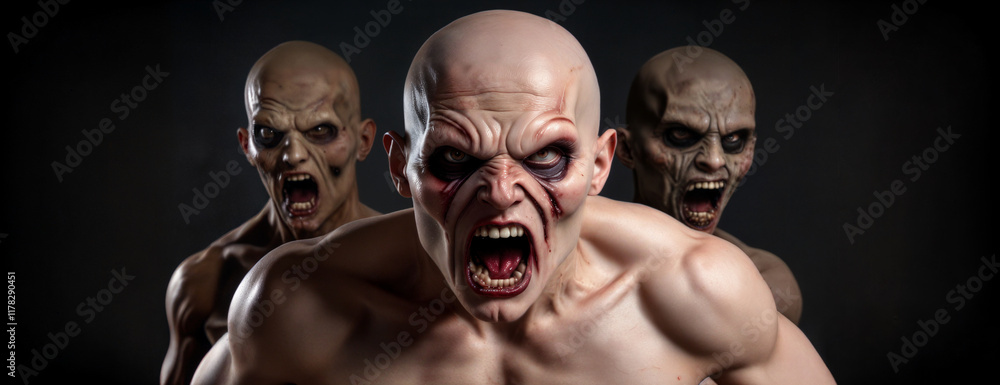 Horrifying characters with menacing expressions in dark background depict fear and terror in a dramatic way Horrifying characters with menacing expressions in dark background depict fear and terror in a dramatic way