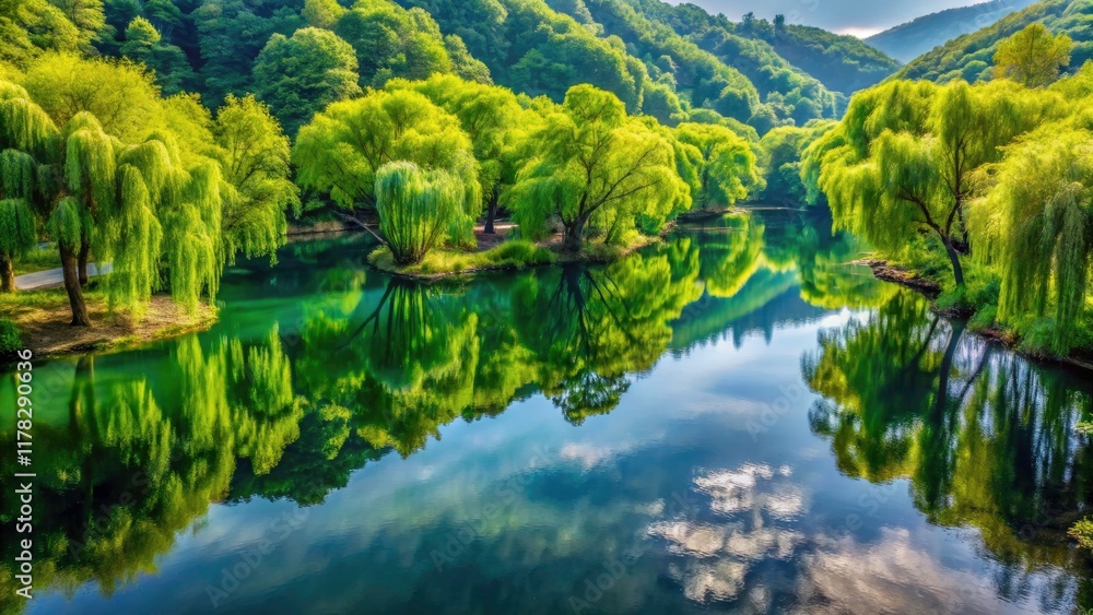 Drone View: Jusanji Lake, Cheongsong, Korea - Willow Tree Reflections Drone View: Jusanji Lake, Cheongsong, Korea - Willow Tree Reflections