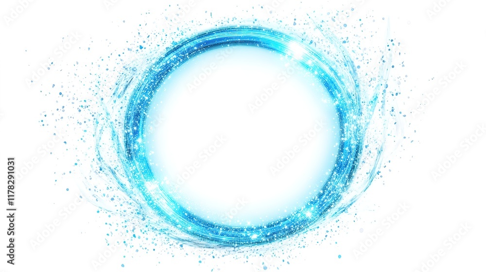 Blue magical fantasy portal with a round light frame and fine dust particles, representing a futuristic teleporter. Neon blue lights illuminate the night scene, creating a sparkling, magical effect. Blue magical fantasy portal with a round light frame and fine dust particles, representing a futuristic teleporter. Neon blue lights illuminate the night scene, creating a sparkling, magical effect.