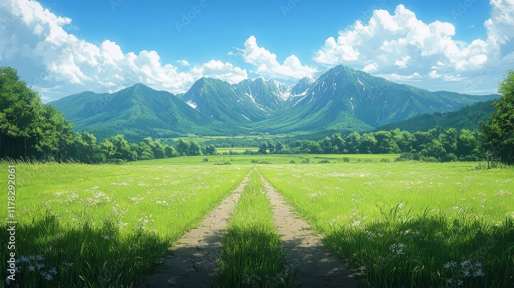 Serene Summer Landscape: Picturesque Meadow Path Leading to Majestic Mountains Serene Summer Landscape: Picturesque Meadow Path Leading to Majestic Mountains