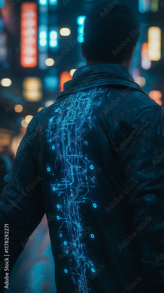 Obraz premium Futuristic man with glowing cybernetic implants in neon city