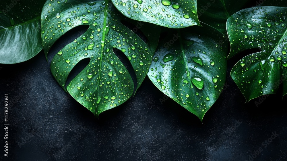 Obraz premium Stunning Close-up of Dew-Kissed Monstera Leaves