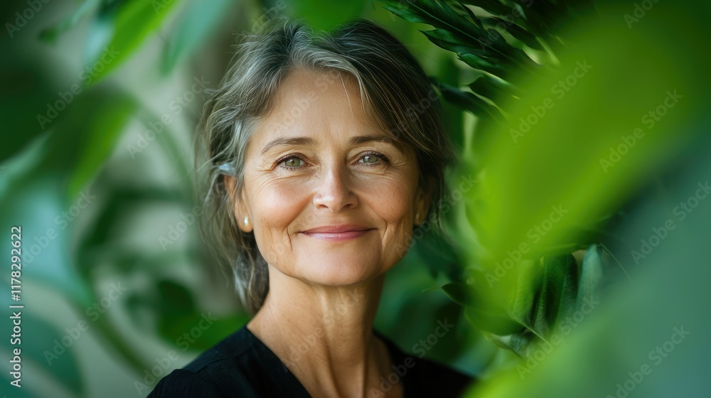 A serene portrait of an older woman surrounded by lush green foliage, exuding warmth and confidence with a gentle smile. A serene portrait of an older woman surrounded by lush green foliage, exuding warmth and confidence with a gentle smile.
