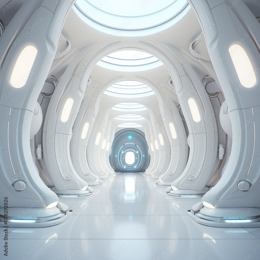 Obraz premium Futuristic White Corridor SciFi Interior Spaceship Design 3D Render