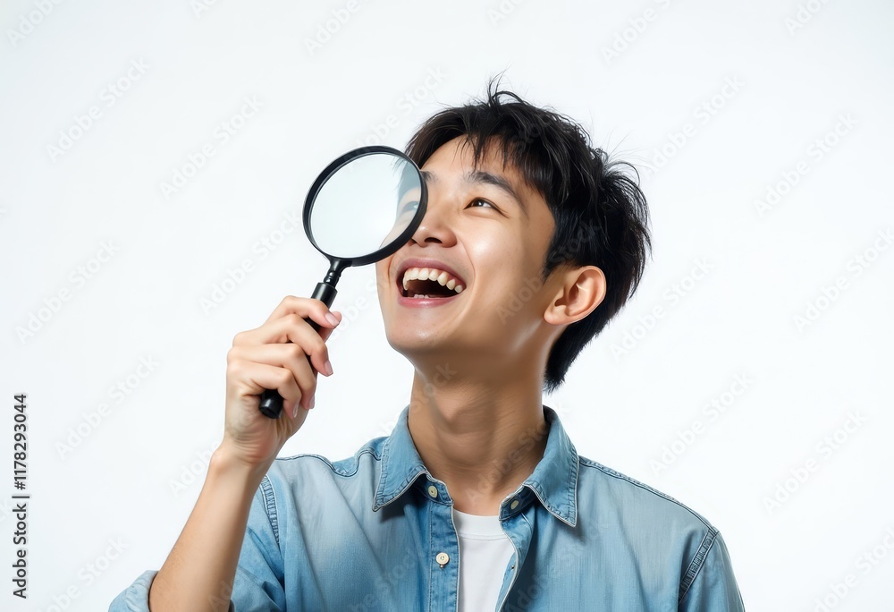 Person with magnifying glass looking up against white background Person with magnifying glass looking up against white background