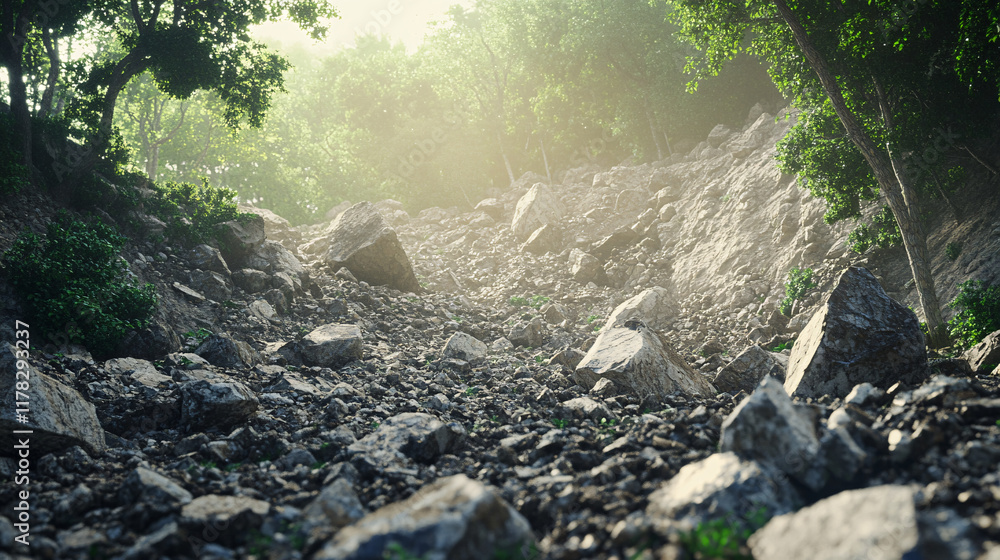 Obraz premium A stark representation of a landslide, with boulders and debris cascading down a hillside, surrounded by trees and greenery, illustrating the power of erosion and instability. 