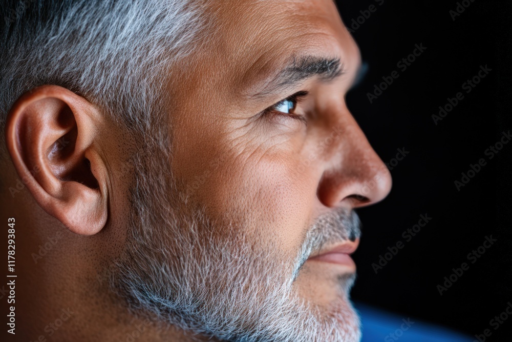 Obraz premium Portrait of a thoughtful mature man with graying hair and beard, profile view against a dark background, showing the details of his face, conveying a sense of contemplation and wisdom.