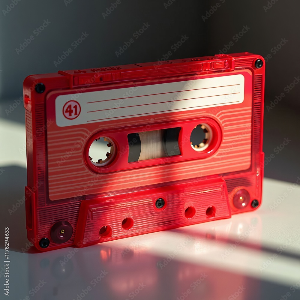 Red audio cassette with label 41 and light reflections