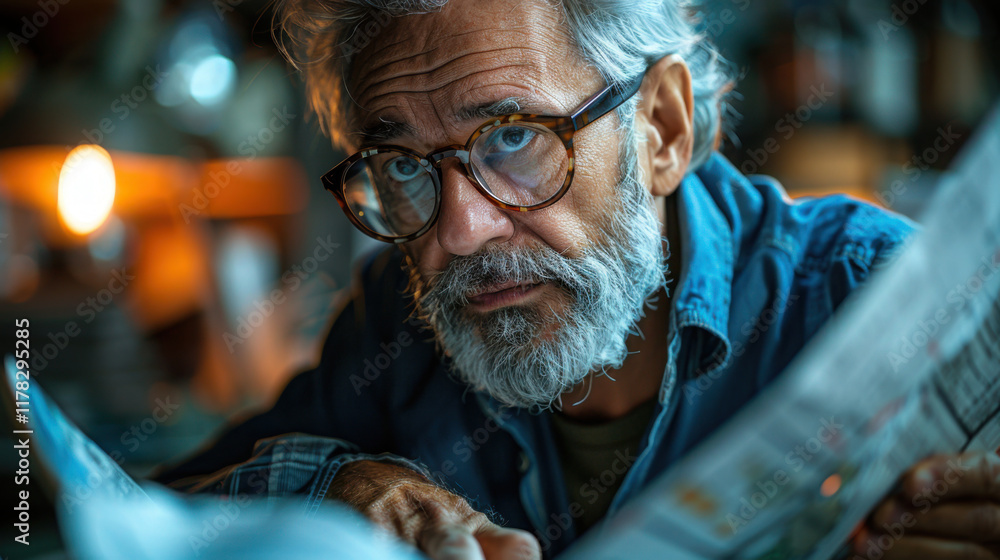 An elderly person reading a newspaper in a cozy, dimly lit room, surrounded by warm colors and a comfortable atmosphere An elderly person reading a newspaper in a cozy, dimly lit room, surrounded by warm colors and a comfortable atmosphere