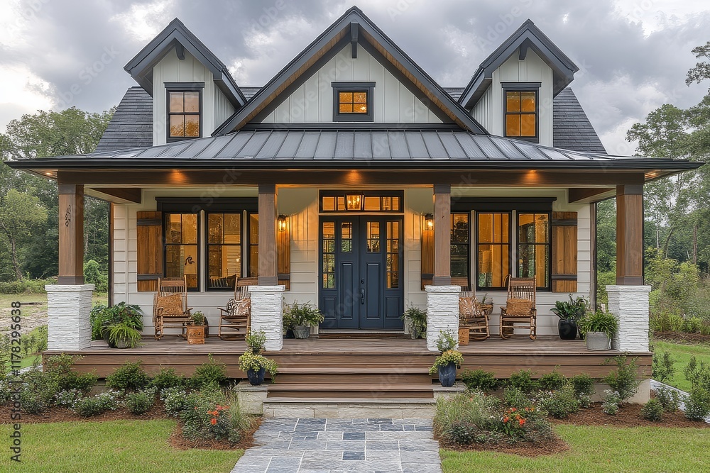 Charming Louisiana home front porch with light blue steel doors, off-white exterior, dark wood accents, and traditional wooden shutters. Charming Louisiana home front porch with light blue steel doors, off-white exterior, dark wood accents, and traditional wooden shutters.