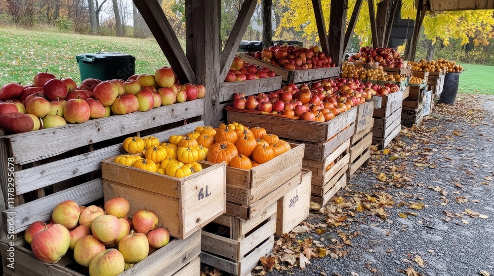 Obraz premium Wooden crates overflowing with ripe red and yellow apples and small pumpkins at an outdoor fall market.