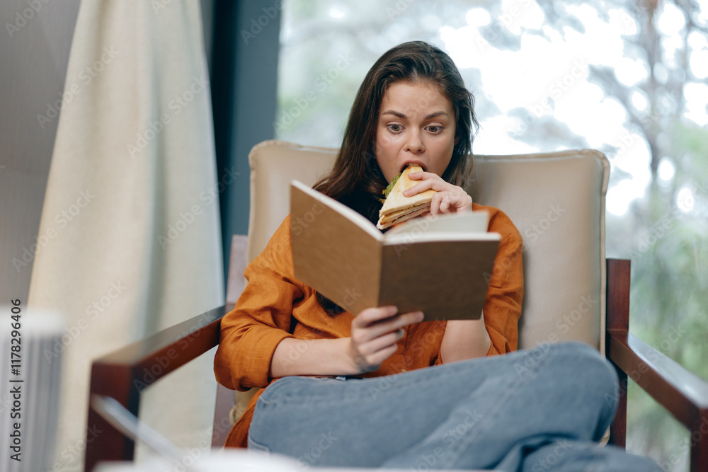 Young woman enjoying a sandwich while reading a book, embodying a relaxed and cozy atmosphere with natural light and soft colors Young woman enjoying a sandwich while reading a book, embodying a relaxed and cozy atmosphere with natural light and soft colors