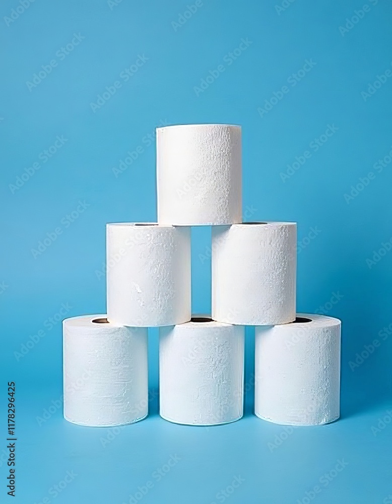 Six white toilet paper rolls stacked on blue background Six white toilet paper rolls stacked on blue background