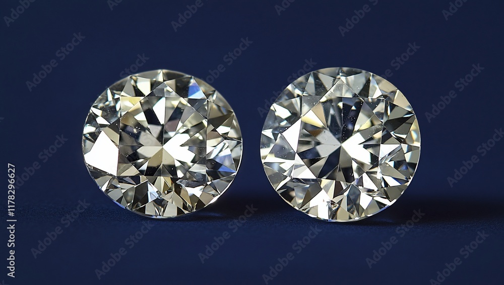 Two brilliant-cut diamonds on a dark blue background. Two brilliant-cut diamonds on a dark blue background.