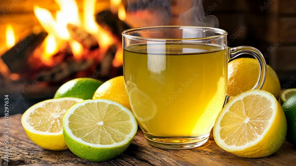 Warm cup of herbal tea with fresh lemon and lime beside a cozy fireplace setting