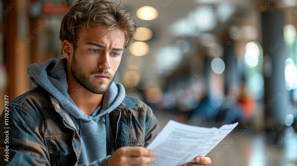A person is holding and reading a document in a well-lit indoor setting, possibly a public place like a library or a cafe A person is holding and reading a document in a well-lit indoor setting, possibly a public place like a library or a cafe