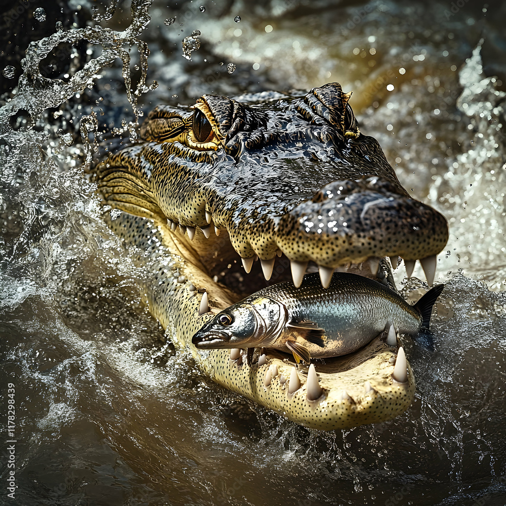 Obraz premium Crocodile Catching Fish Realistic Image